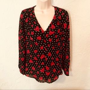 NWT Elle Black Red Floral Polka Dot V-Neck Blouse Size S